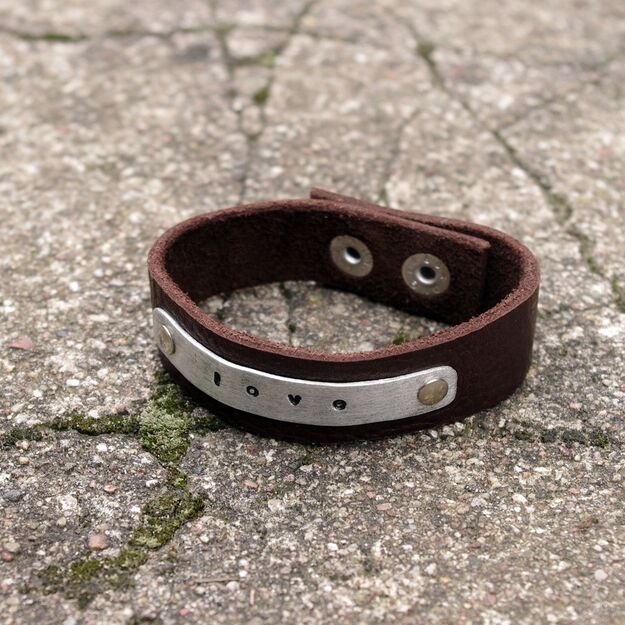 Dark brown narrow leather bracelet "love"